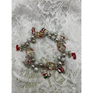 Vintage Glass & Silver Beaded Holiday Charms Stretch Bracelet